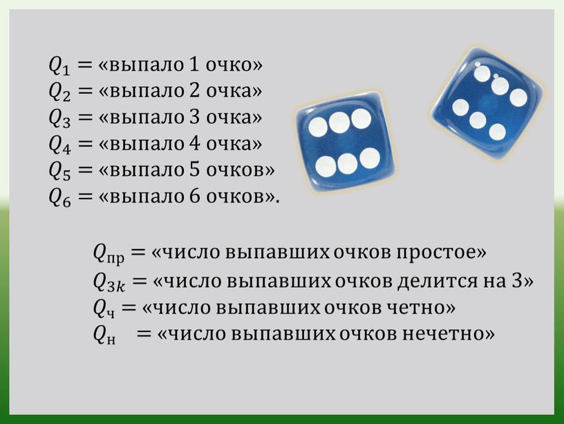 𝑄 1 𝑄𝑄 𝑄 1 1 𝑄 1 = «выпало 1 очко» 𝑄 2 𝑄𝑄 𝑄 2 2 𝑄 2 = «выпало 2 очка» 𝑄…