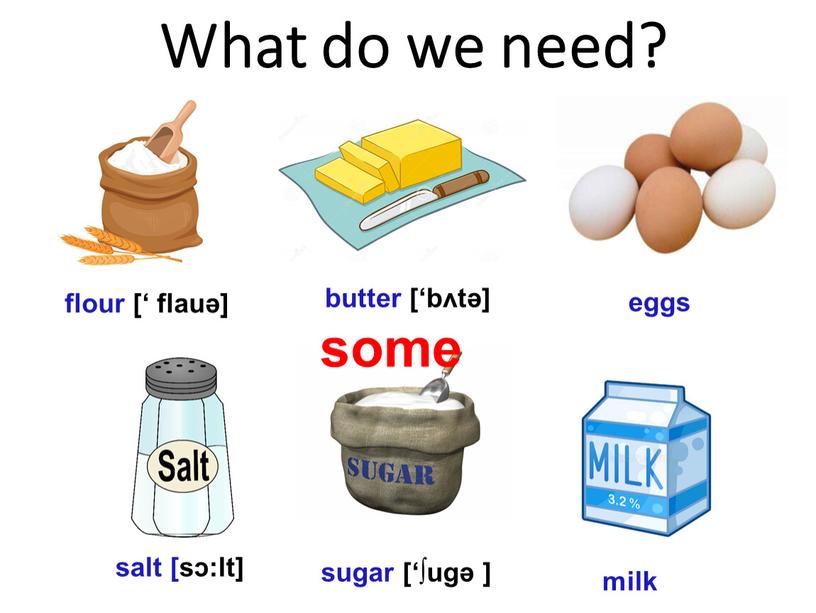 What do we need? some flour [‘ flauə] butter [‘bʌtə] eggs milk sugar [‘∫ugə ] salt [sↄ:lt]