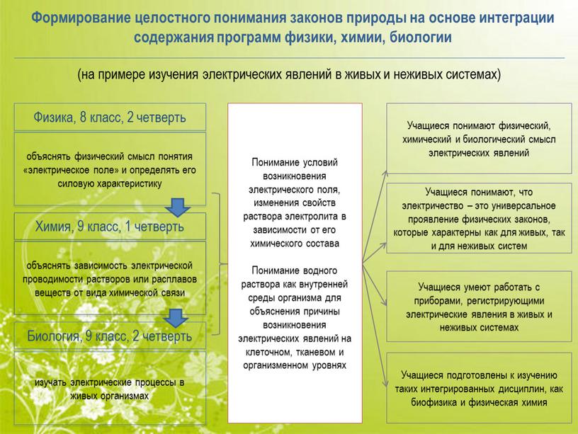 Формирование целостного понимания законов природы на основе интеграции содержания программ физики, химии, биологии (на примере изучения электрических явлений в живых и неживых системах)