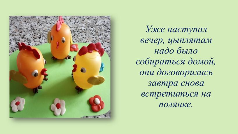 Уже наступал вечер, цыплятам надо было собираться домой, они договорились завтра снова встретиться на полянке