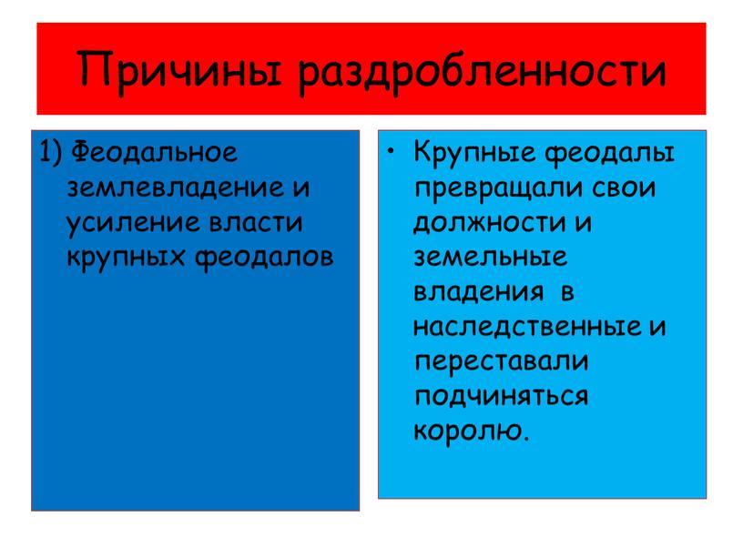 Причины раздробленности 1) Феодальное землевладение и усиление власти крупных феодалов