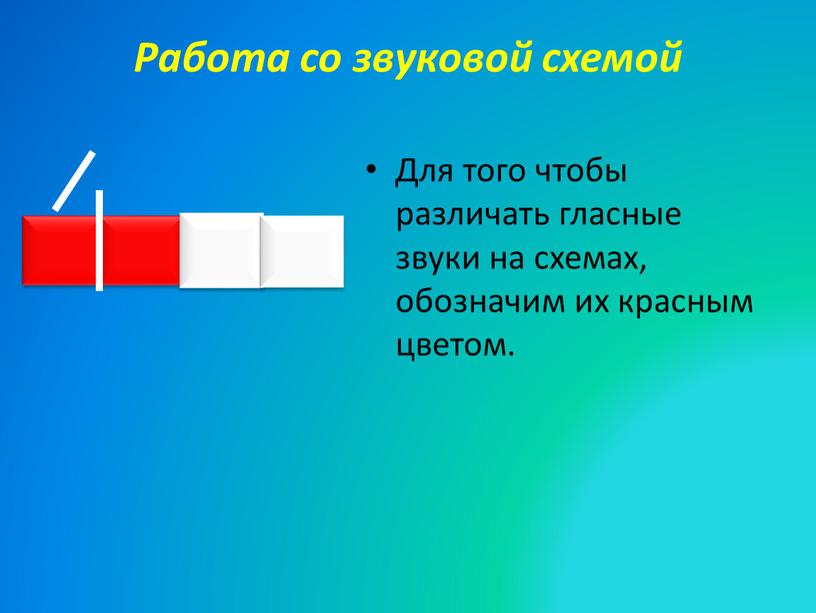 Работа со звуковой схемой Для того чтобы различать гласные звуки на схемах, обозначим их красным цветом