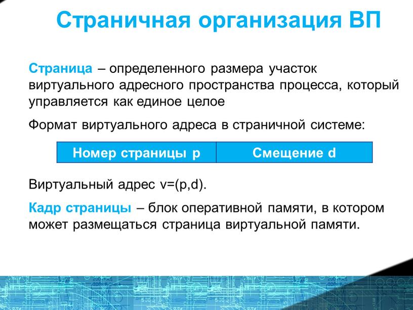 Страничная организация ВП Страница – определенного размера участок виртуального адресного пространства процесса, который управляется как единое целое