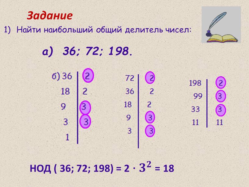 Найти наибольший общий делитель чисел: а) 36; 72; 198