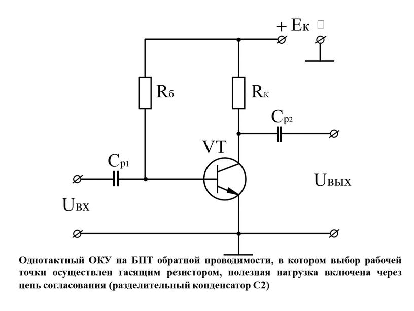 Однотактный ОКУ на БПТ обратной проводимости, в котором выбор рабочей точки осуществлен гасящим резистором, полезная нагрузка включена через цепь согласования (разделительный конденсатор