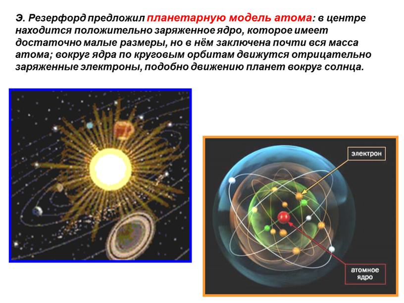 Э. Резерфорд предложил планетарную модель атома: в центре находится положительно заряженное ядро, которое имеет достаточно малые размеры, но в нём заключена почти вся масса атома;…