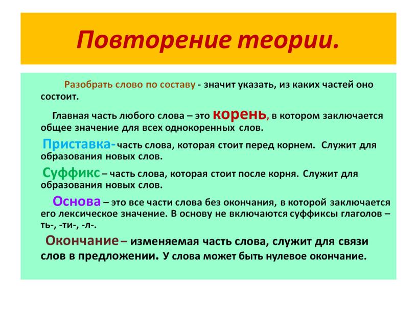 Повторение теории. Разобрать слово по составу - значит указать, из каких частей оно состоит