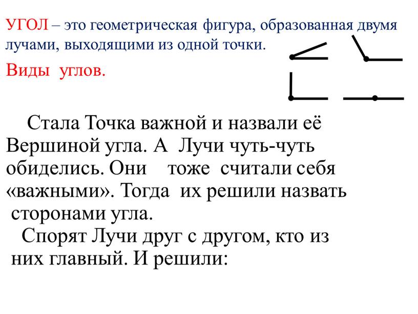 УГОЛ – это геометрическая фигура, образованная двумя лучами, выходящими из одной точки