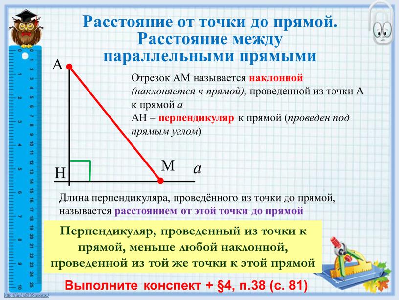 А Н М а Отрезок АМ называется наклонной (наклоняется к прямой), проведенной из точки