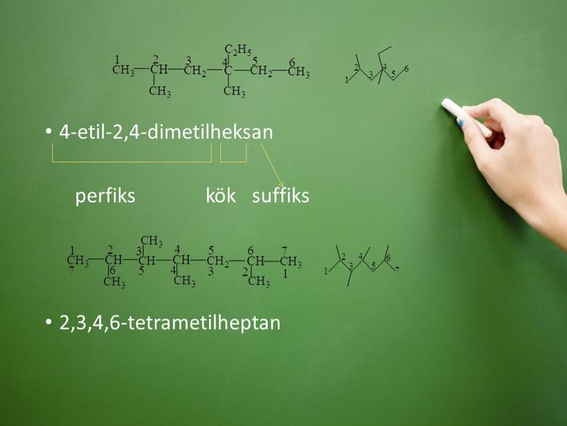 4-etil-2,4-dimetilheksan perfiks kök suffiks 2,3,4,6-tetrametilheptan