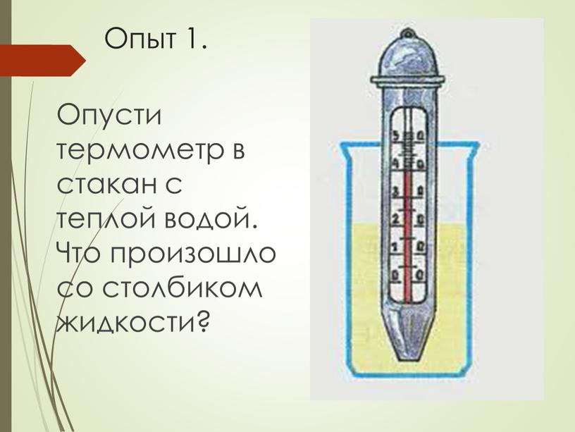 Опыт 1. Опусти термометр в стакан с теплой водой