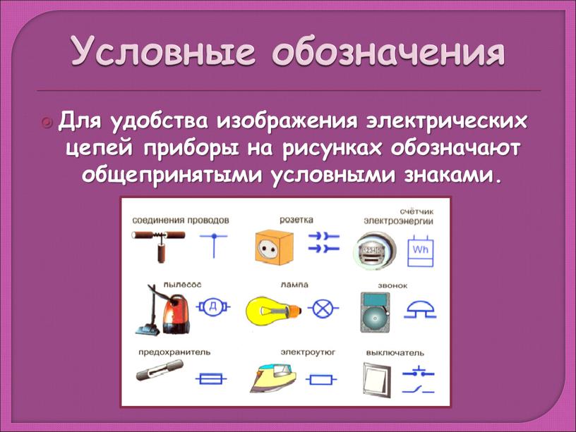Условные обозначения Для удобства изображения электрических цепей приборы на рисунках обозначают общепринятыми условными знаками