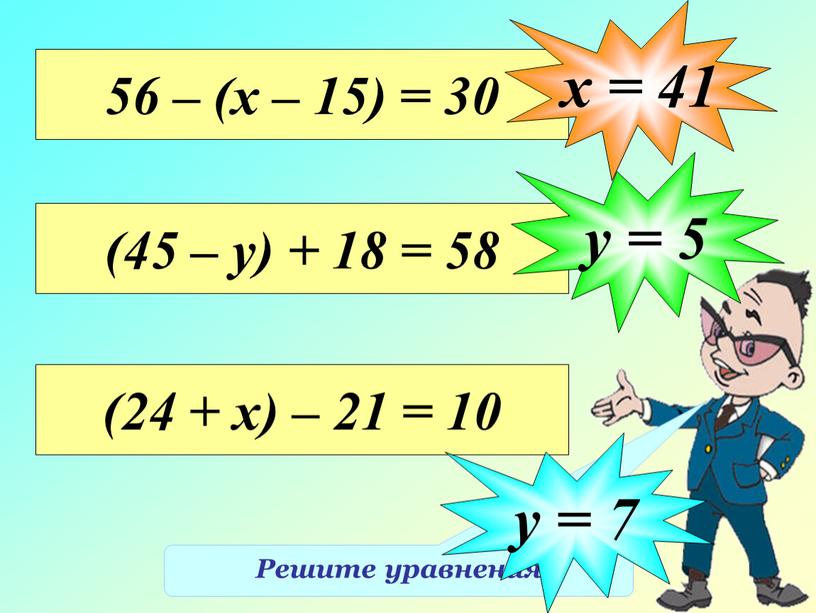Решите уравнения 56 – (х – 15) = 30 х = 41 (45 – у) + 18 = 58 у = 5 (24 + х)…