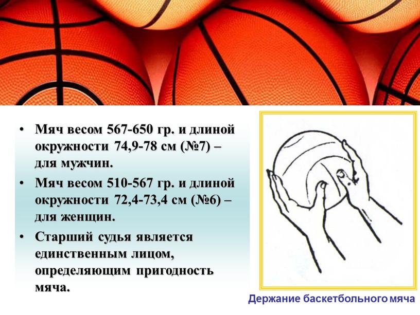 Мяч весом 567-650 гр. и длиной окружности 74,9-78 см (№7) – для мужчин