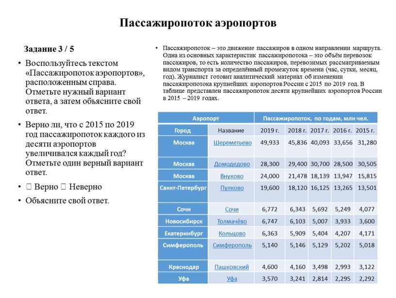 Пассажиропоток аэропортов Задание 3 / 5