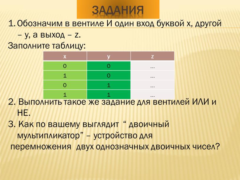 ЗАДАНИЯ x y z 0 … 1 0 0 1 1 Обозначим в вентиле