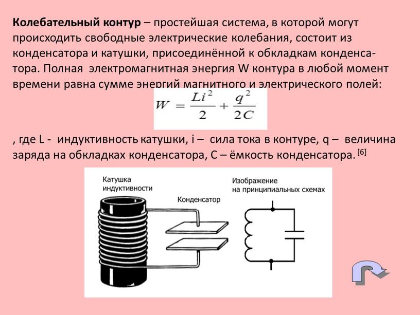 Колебательный контур – простейшая система, в которой могут происходить свободные электрические колебания, состоит из конденсатора и катушки, присоединённой к обкладкам конденса-тора