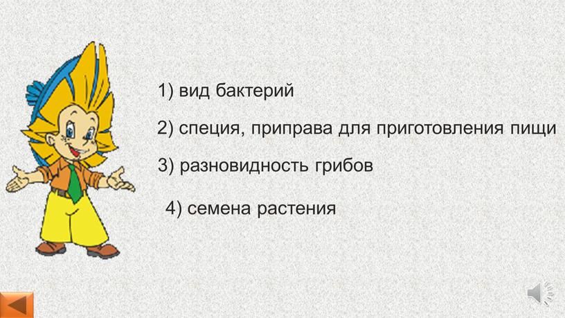 4) семена растения 1) вид бактерий 2) специя, приправа для приготовления пищи 3) разновидность грибов