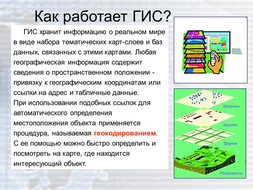 Как работает ГИС? ГИС хранит информацию о реальном мире в виде набора тематических карт-слоев и баз данных, связанных с этими картами