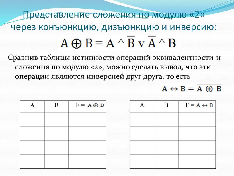 Представление сложения по модулю «2» через конъюнкцию, дизъюнкцию и инверсию: