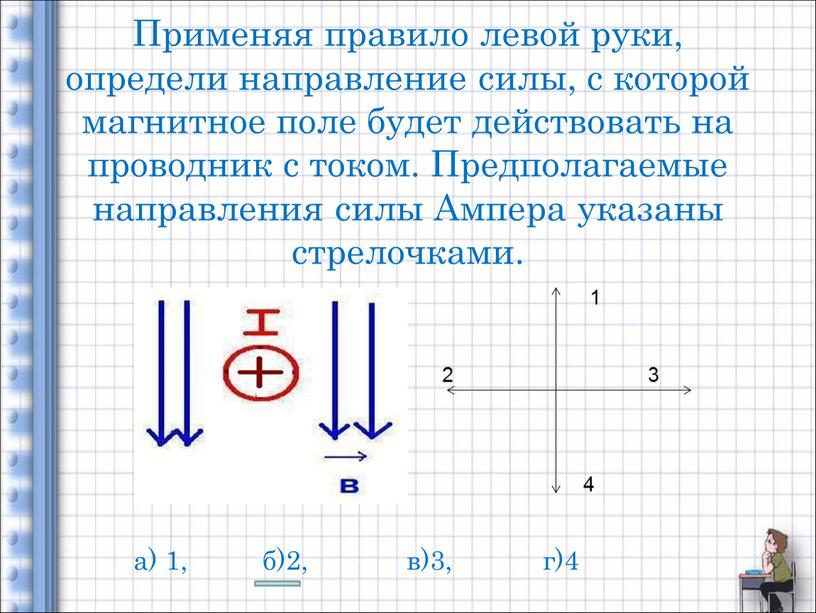 Применяя правило левой руки, определи направление силы, с которой магнитное поле будет действовать на проводник с током