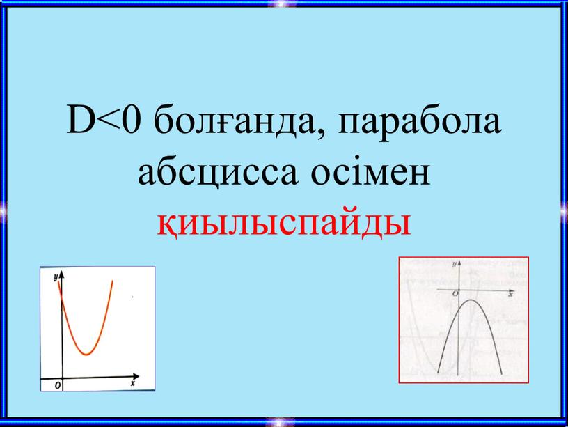 D<0 болғанда, парабола абсцисса осімен қиылыспайды