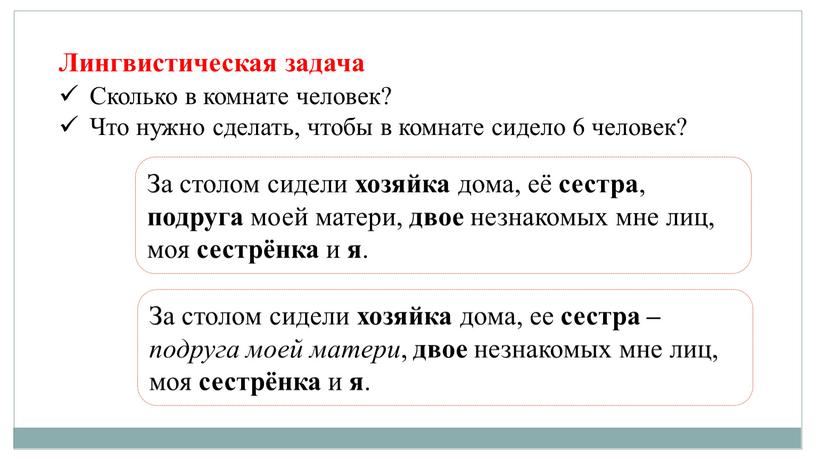 Лингвистическая задача Сколько в комнате человек?