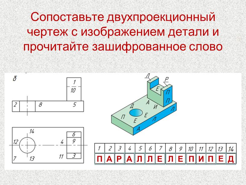 Сопоставьте двухпроекционный чертеж с изображением детали и прочитайте зашифрованное слово