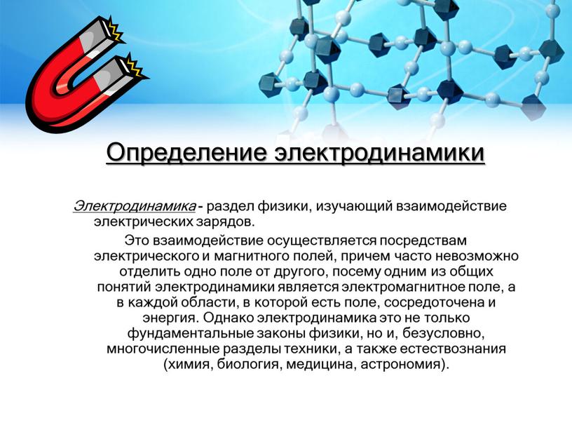 Определение электродинамики Электродинамика - раздел физики, изучающий взаимодействие электрических зарядов