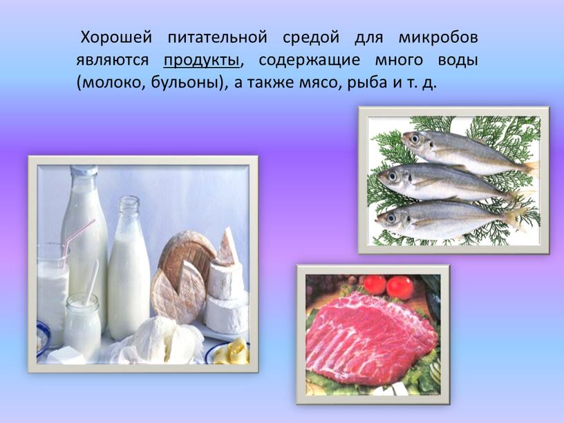 Хорошей питательной средой для микробов являются продукты, содержащие много воды (молоко, бульоны), а также мясо, рыба и т