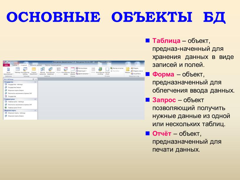 ОСНОВНЫЕ ОБЪЕКТЫ БД Таблица – объект, предназ-наченный для хранения данных в виде записей и полей