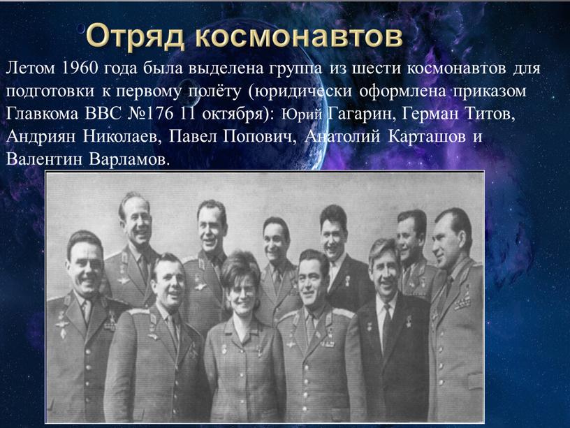 Летом 1960 года была выделена группа из шести космонавтов для подготовки к первому полёту (юридически оформлена приказом