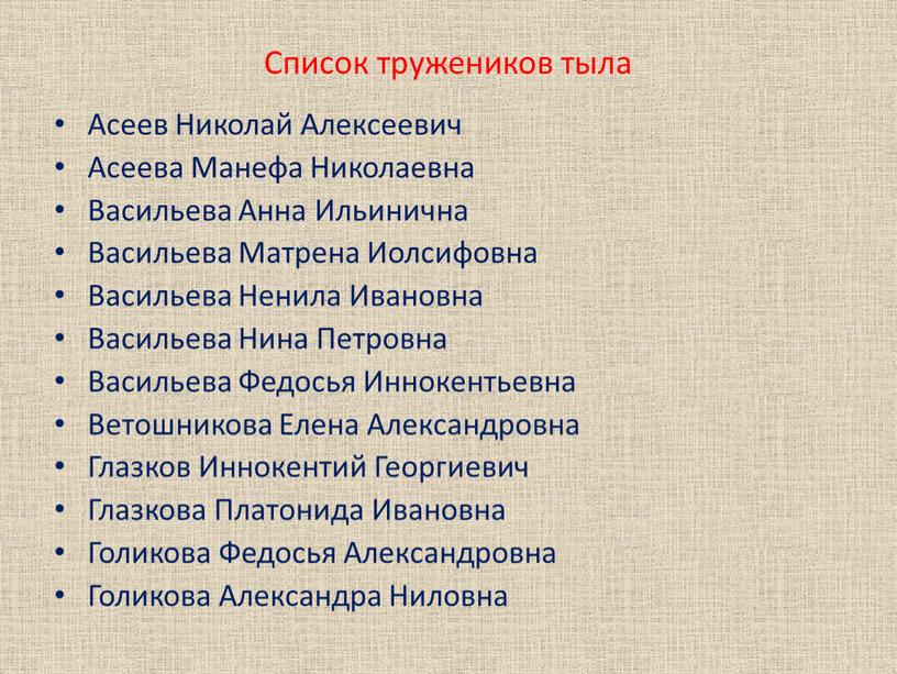 Список тружеников тыла Асеев Николай
