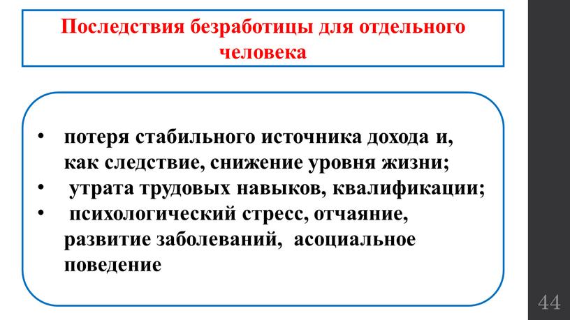 Последствия безработицы для отдельного человека потеря стабильного источника дохода и, как следствие, снижение уровня жизни; утрата трудовых навыков, квалификации; психологический стресс, отчаяние, развитие заболеваний, асоциальное…