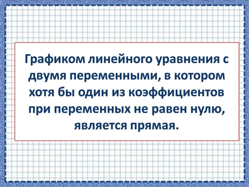 Графиком линейного уравнения с двумя переменными, в котором хотя бы один из коэффициентов при переменных не равен нулю, является прямая