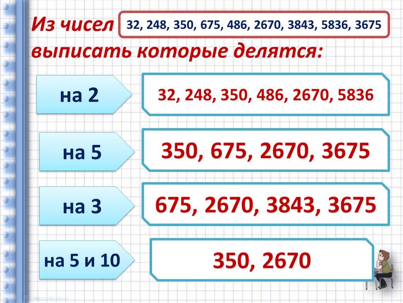 Из чисел выписать которые делятся: 32, 248, 350, 675, 486, 2670, 3843, 5836, 3675 на 2 на 5 на 3 на 5 и 10 32,…