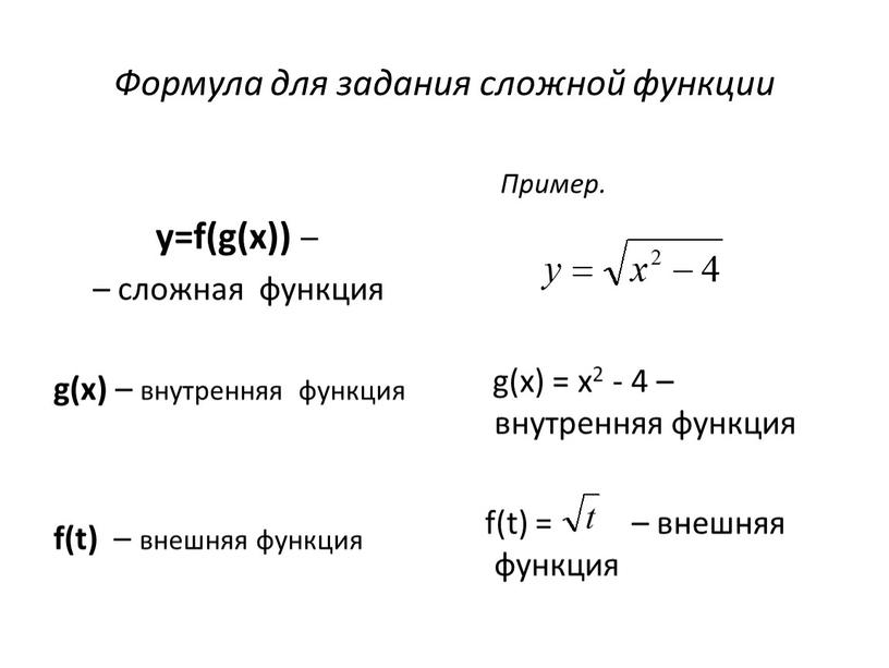 Формула для задания сложной функции y=f(g(x)) – – сложная функция g(x) – внутренняя функция f(t) – внешняя функция