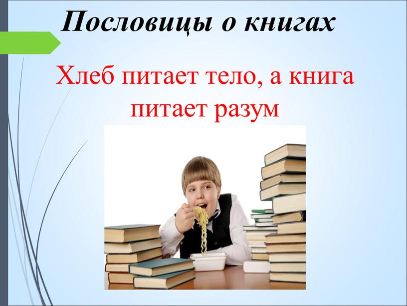 Пословицы о книгах Хлеб питает тело, а книга питает разум