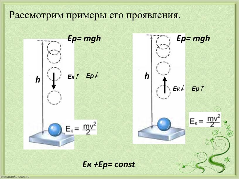 Ек +Ер= const Рассмотрим примеры его проявления