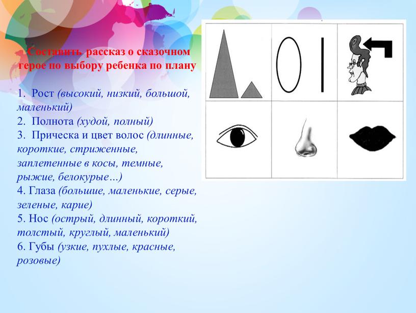 Составить рассказ о сказочном герое по выбору ребенка по плану 1