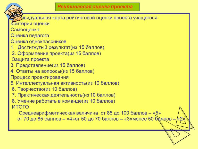 Рейтинговая оценка проекта Индивидуальная карта рейтинговой оценки проекта учащегося