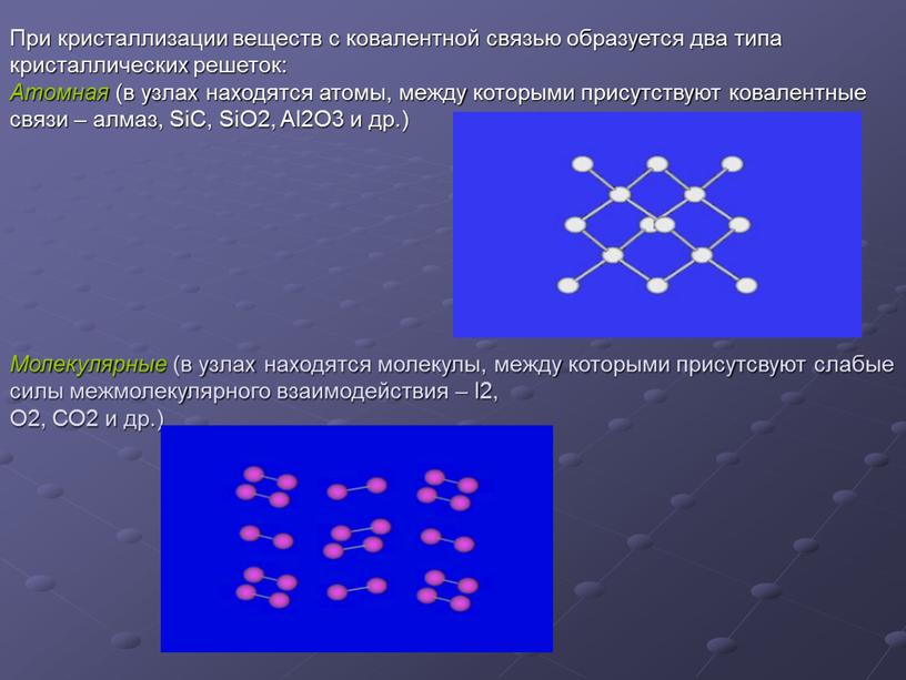 При кристаллизации веществ с ковалентной связью образуется два типа кристаллических решеток: