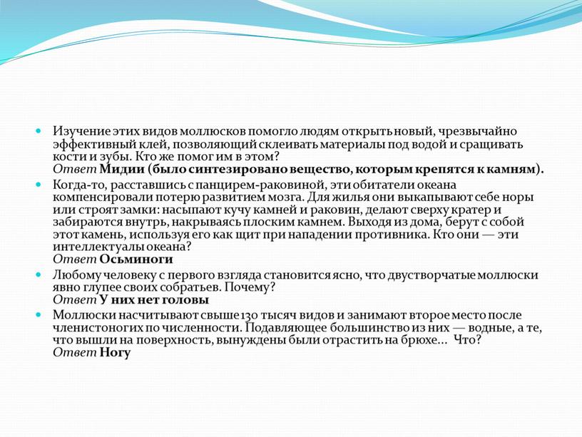 Изучение этих видов моллюсков помогло людям открыть новый, чрезвычайно эффективный клей, позволяющий склеивать материалы под водой и сращивать кости и зубы