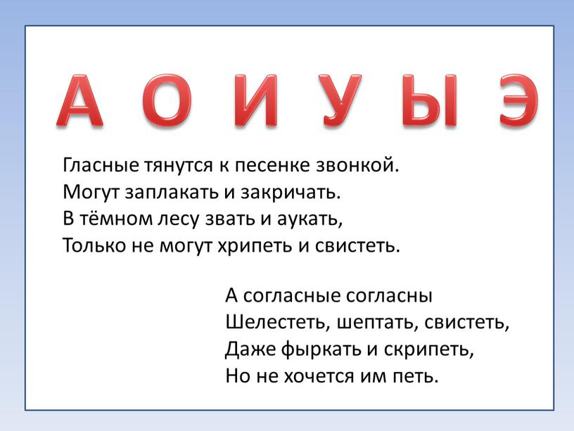 А О И У Ы Э Гласные тянутся к песенке звонкой