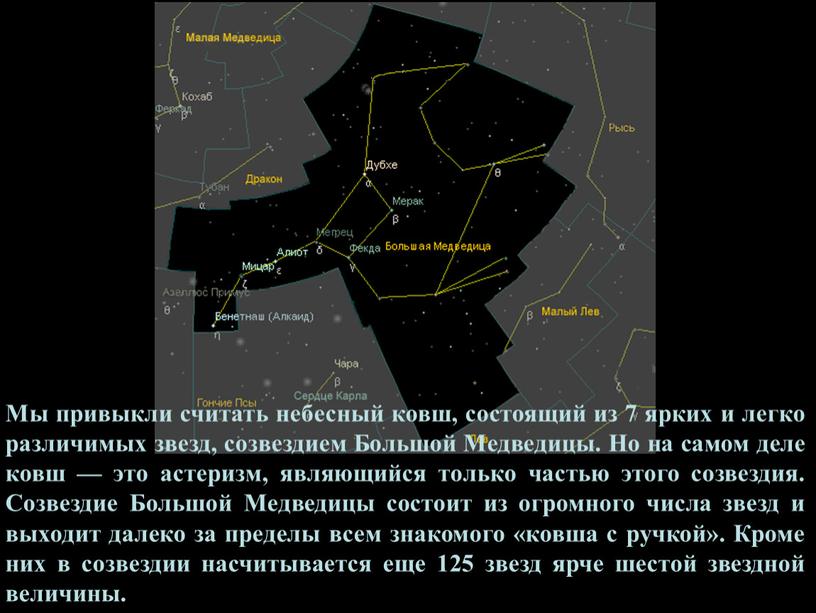 Мы привыкли считать небесный ковш, состоящий из 7 ярких и легко различимых звезд, созвездием