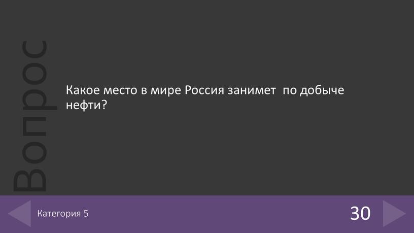 Какое место в мире Россия занимет по добыче нефти? 30