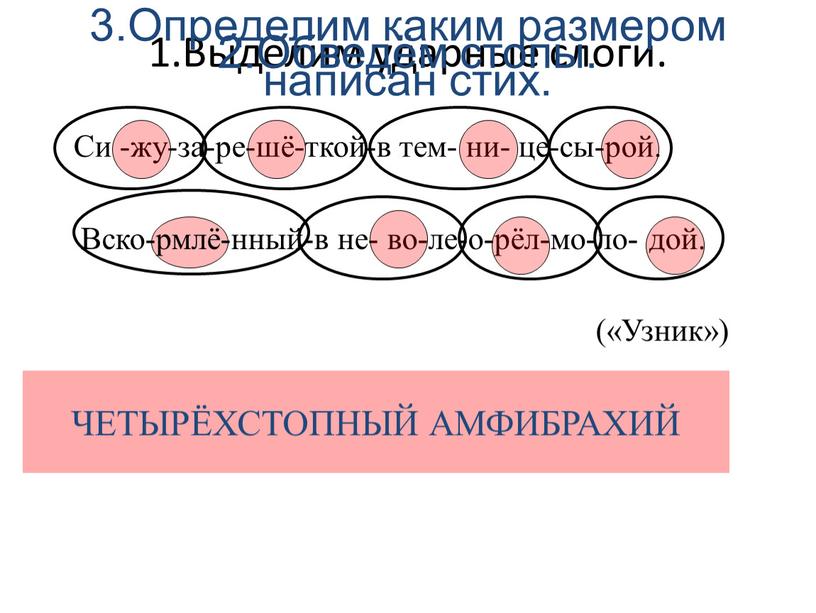 Выделим ударные слоги. Си -жу-за-ре-шё-ткой-в тем- ни- це-сы-рой