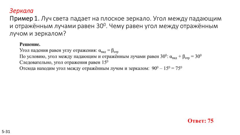 Зеркала Пример 1. Луч света па­да­ет на плос­кое зер­ка­ло