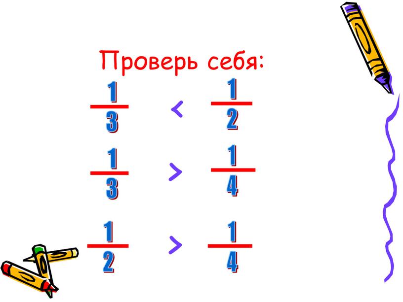 Проверь себя: < > > 1 3 1 3 1 2 1 2 1 4 1 4