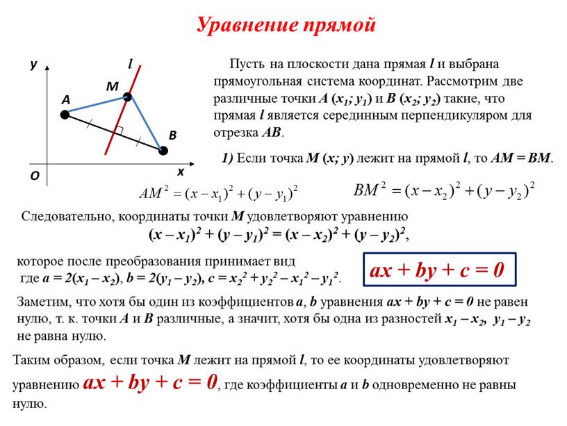 Уравнение прямой Пусть на плоскости дана прямая l и выбрана прямоугольная система координат